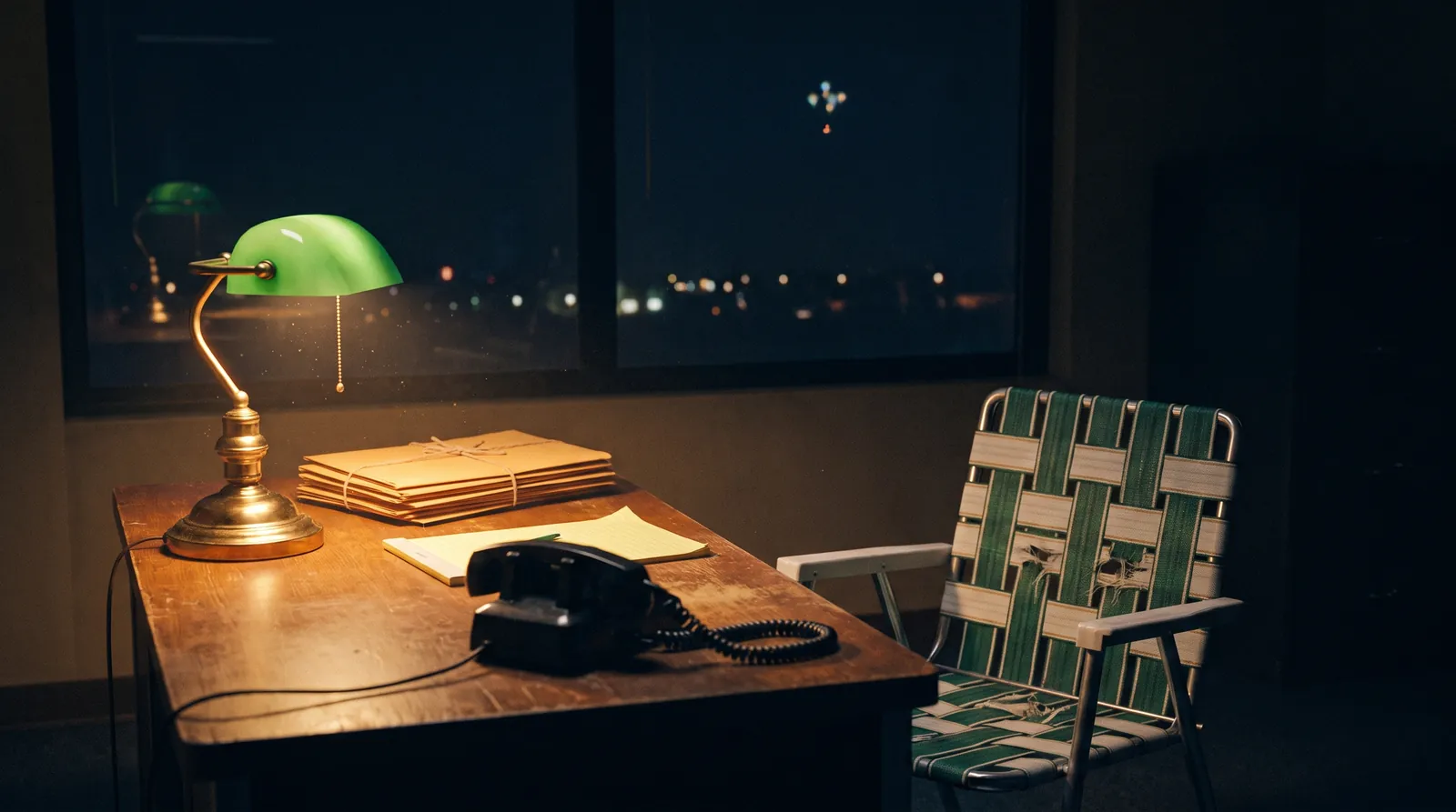An empty front desk at night: a rotary telephone with its receiver off the cradle under a green banker's lamp, an empty webbed lawn chair pulled up behind it, and a tiny cluster of balloons high in the dark window
