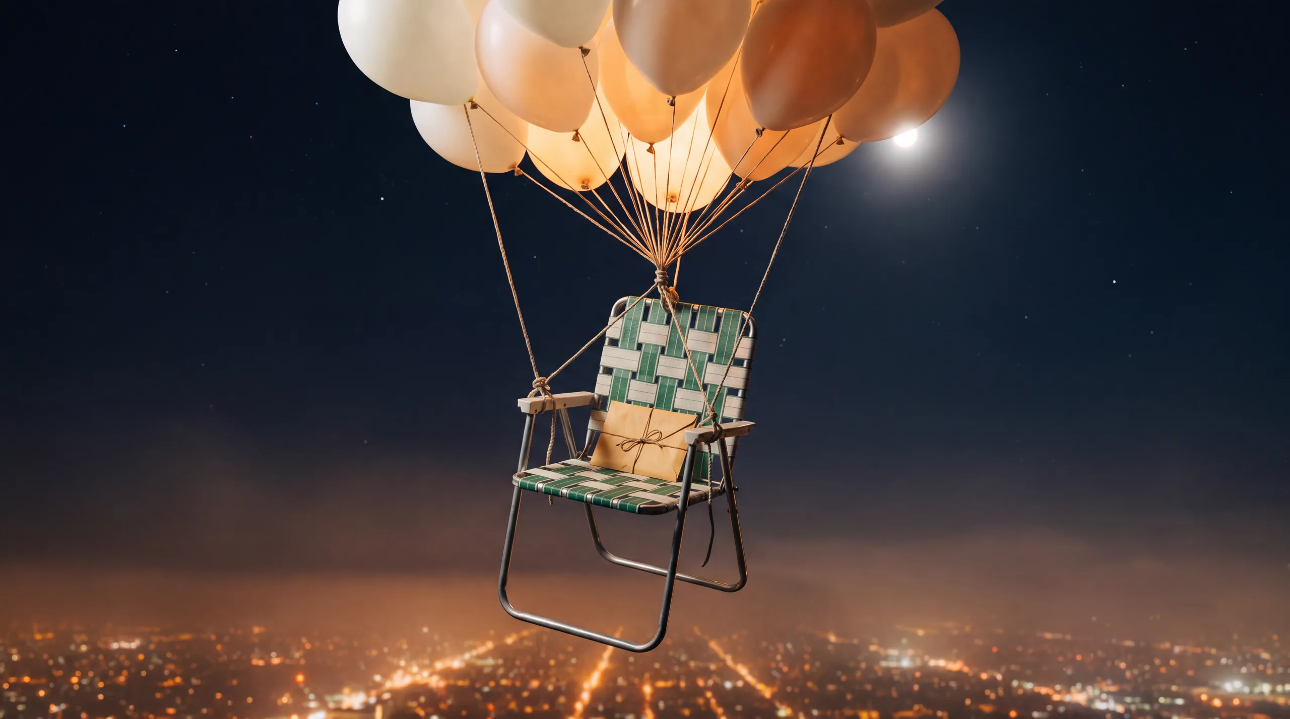 An empty webbed lawn chair carrying a string-tied envelope, lifted by a cluster of glowing weather balloons above a city at night