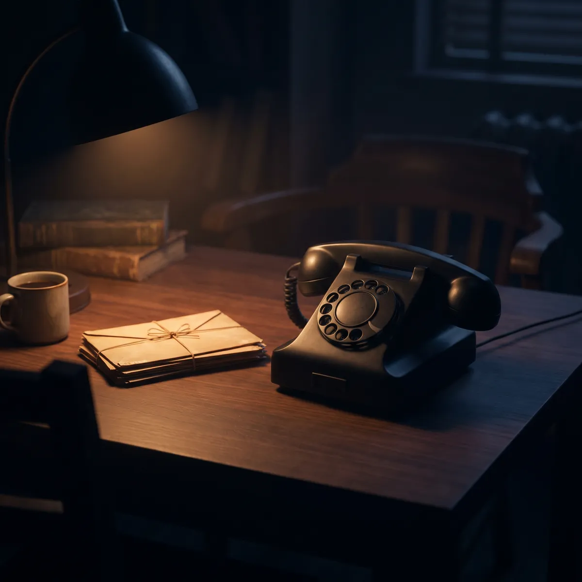 A rotary desk telephone beside a string-tied stack of envelopes in a pool of warm lamplight